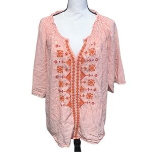 Vintage America Peach and Orange Embroidered Tunic Top Cotton